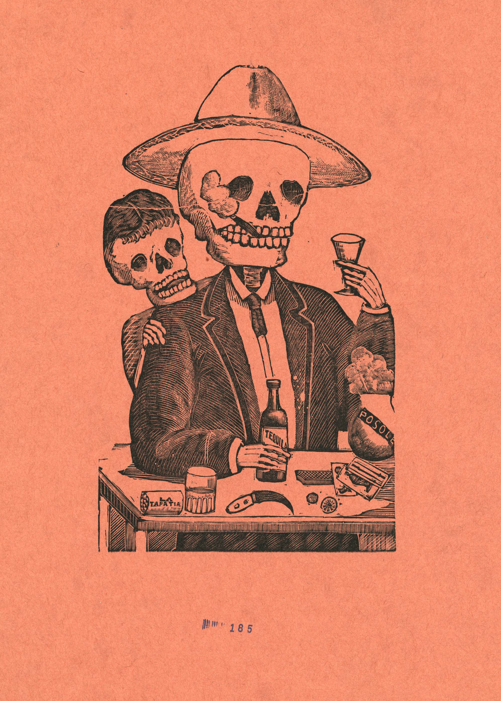 print of skeleton man smoking cigar and drinking tequila with smaller skeleton peaking over his shoulder